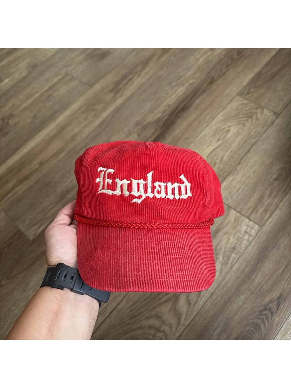 Vtg 90s England Corduroy Rope Hat Nissin Cap Strapback Red